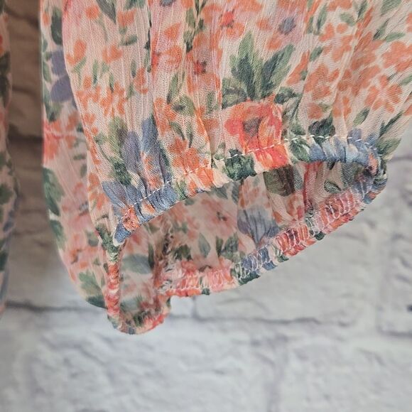 American Eagle Girly Boho Chic Chiffon Blouse Peach Floral Ruched Peplum Top S - Picture 11 of 13
